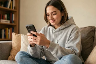 Jeune femme jouant à Monopoly GO sur son smartphone dans un salon confortable, découvrant des astuces pour obtenir des dés gratuits