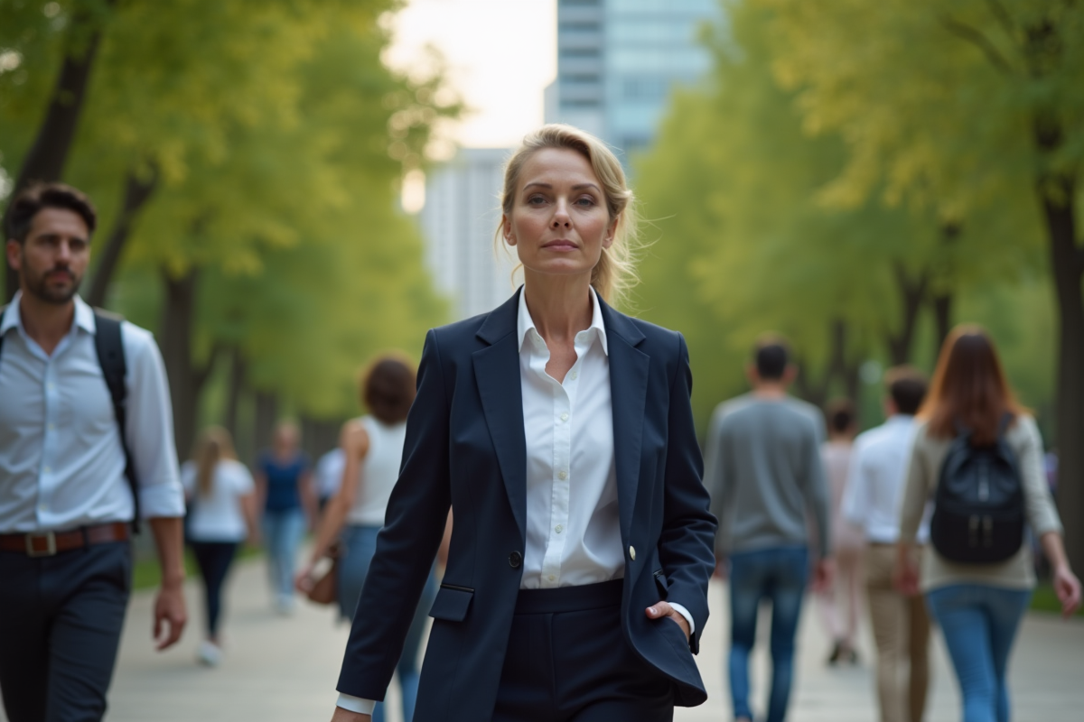 Femme confiante marche dans un parc urbain animé