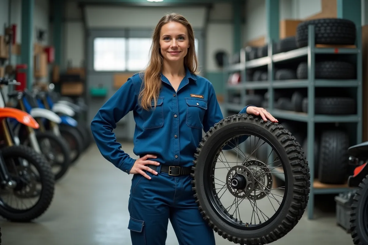Femme mécanicienne tenant une roue de moto dans un atelier