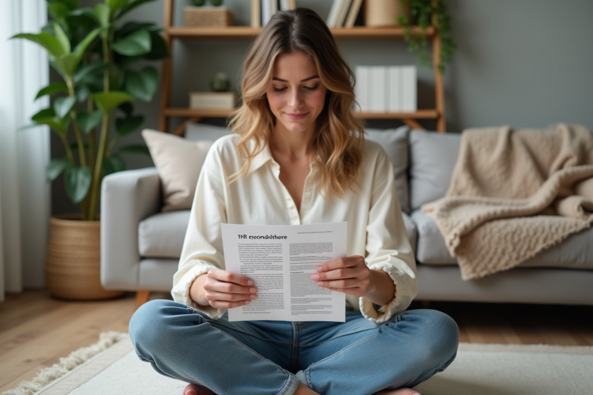 Femme détendue lisant un PDF de pleine conscience dans un salon cosy