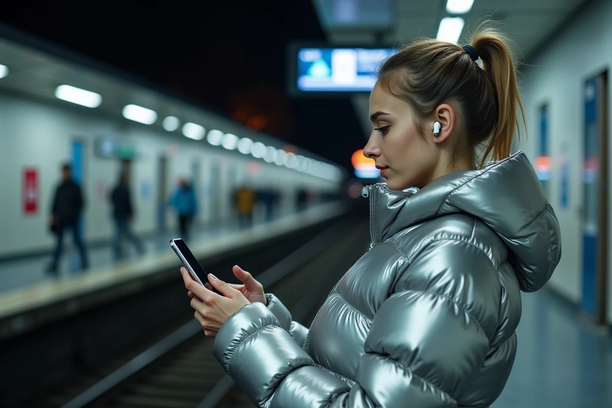 Jeune femme écoutant de la musique sur son smartphone dans une station de métro parisienne la nuit