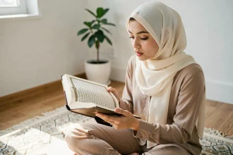 Jeune femme musulmane portant un hijab ivoire lisant la sourate Al-Kahf en arabe dans un Coran ouvert sur un tapis de prière