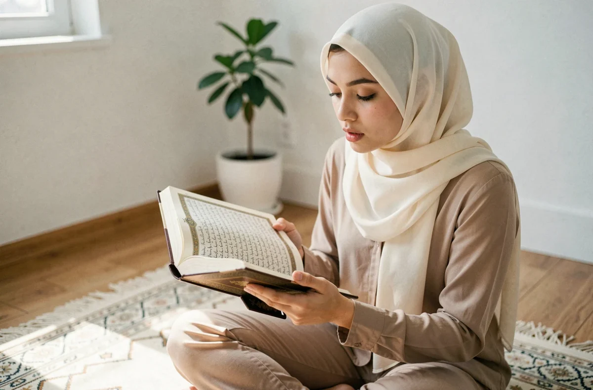 Jeune femme musulmane portant un hijab ivoire lisant la sourate Al-Kahf en arabe dans un Coran ouvert sur un tapis de prière