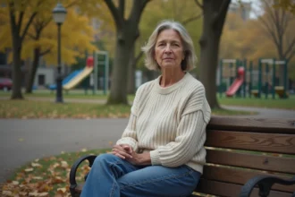 Femme d'âge moyen assise sur un banc dans un parc urbain