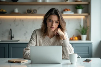 Femme pensante avec ordinateur dans une cuisine lumineuse