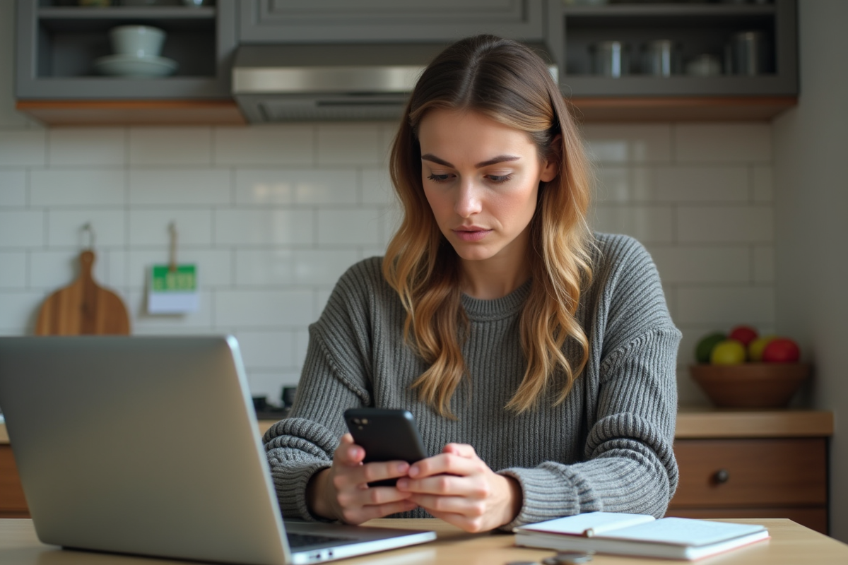 Jeune femme vérifiant ses finances sur son smartphone