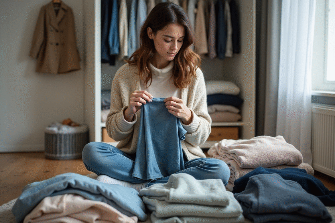 Femme en train de trier ses vêtements dans sa chambre moderne