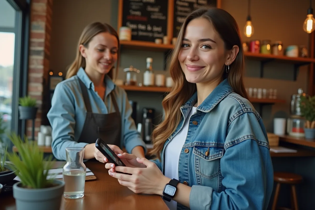 Jeune femme payant avec son smartphone au café