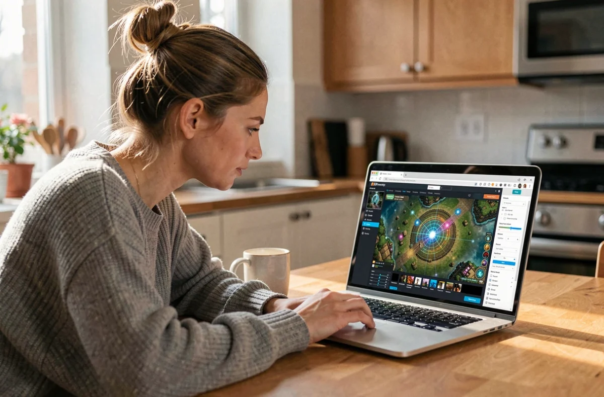 Femme paramétrisant un tracker de portails Dofus sur son ordinateur portable dans une cuisine lumineuse
