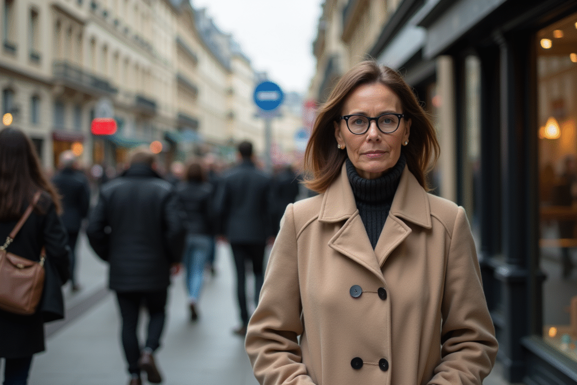 Femme d'âge moyen sur un trottoir parisien animé