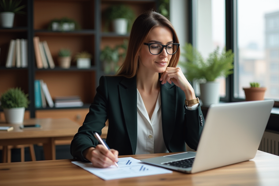 Femme professionnelle examinant des calculs de prêt immobilier