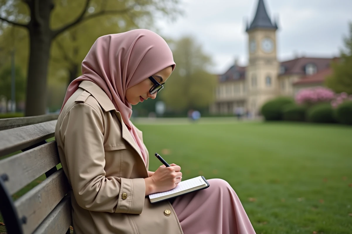 Jeune femme écrivant prière dans un parc de Compiègne