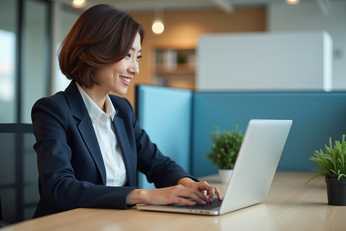 Femme en blazer souriante au bureau avec ordinateur