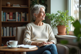 Femme détendue avec livre et thé dans un intérieur chaleureux