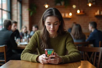 Femme utilisant une application solveur de mots sur smartphone dans un café urbain