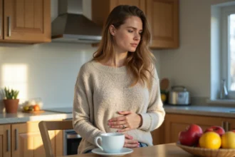 Femme assise à la cuisine avec main sur le ventre