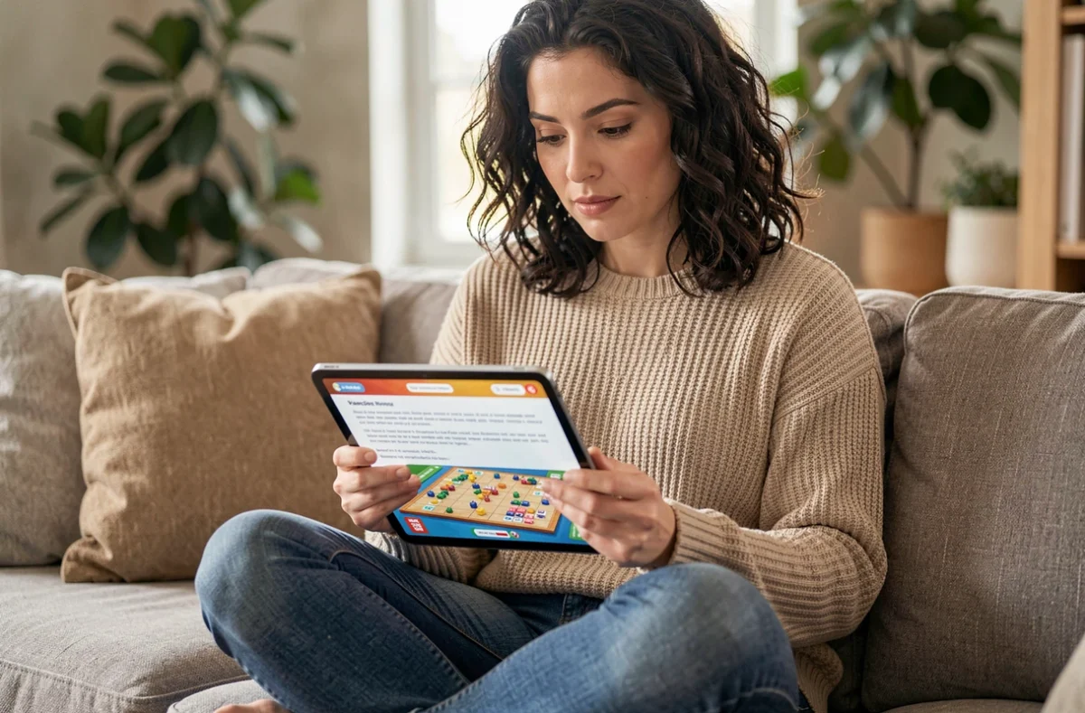 Femme réfléchissant à sa stratégie sur un jeu mobile de type Monopoly, assise dans un salon moderne