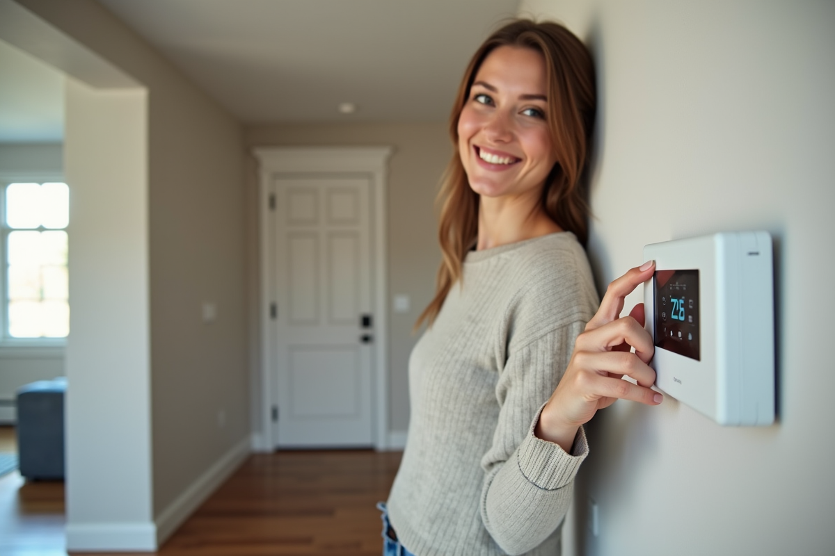 Jeune femme réglant un thermostat connecté dans son salon