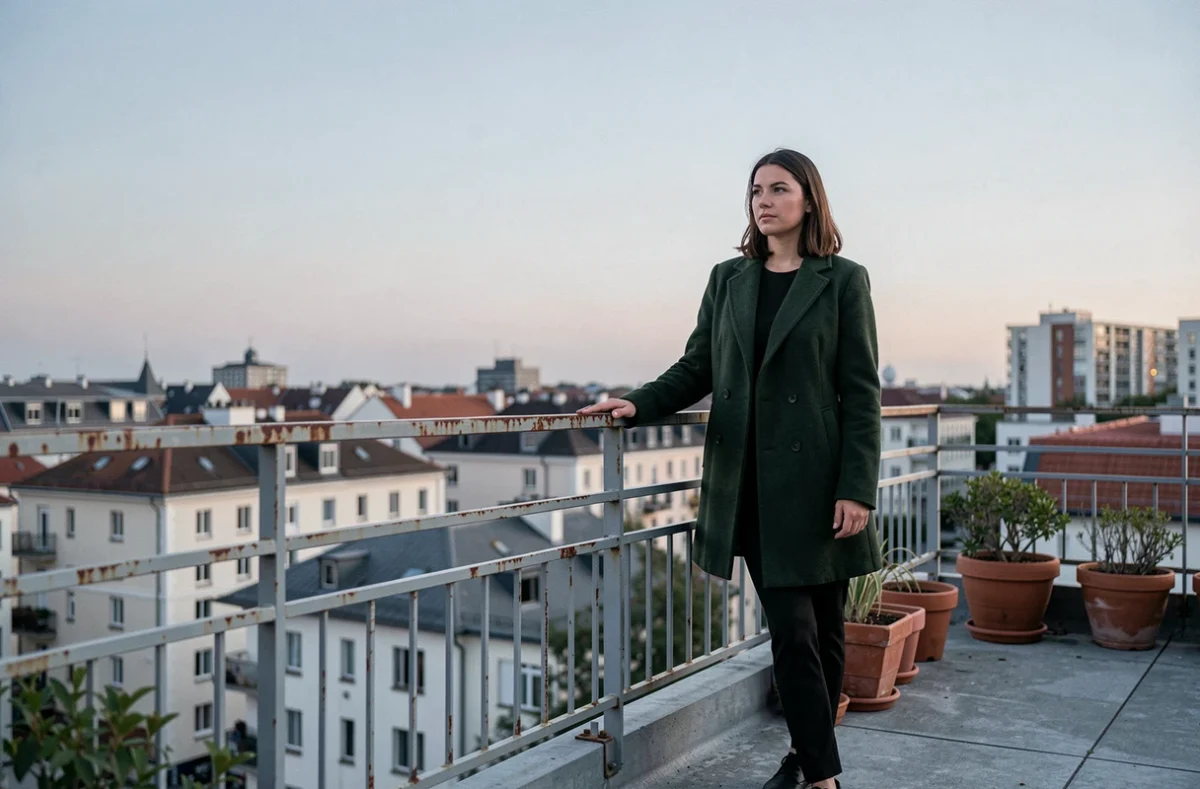Femme pensive sur un toit urbain au crépuscule, évoquant la réflexion intérieure et la guérison spirituelle liée à la flamme jumelle et 22h22