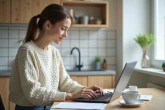 Jeune femme au travail à la maison avec ordinateur et tasse