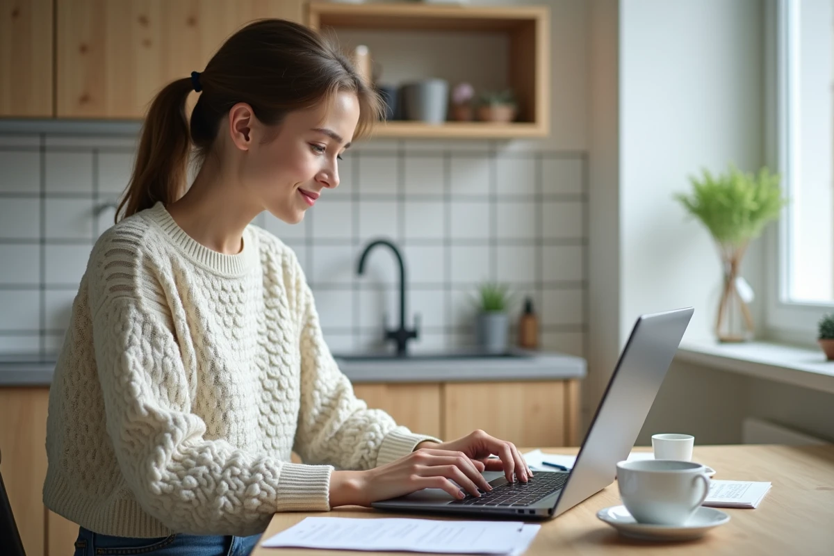 Jeune femme au travail à la maison avec ordinateur et tasse