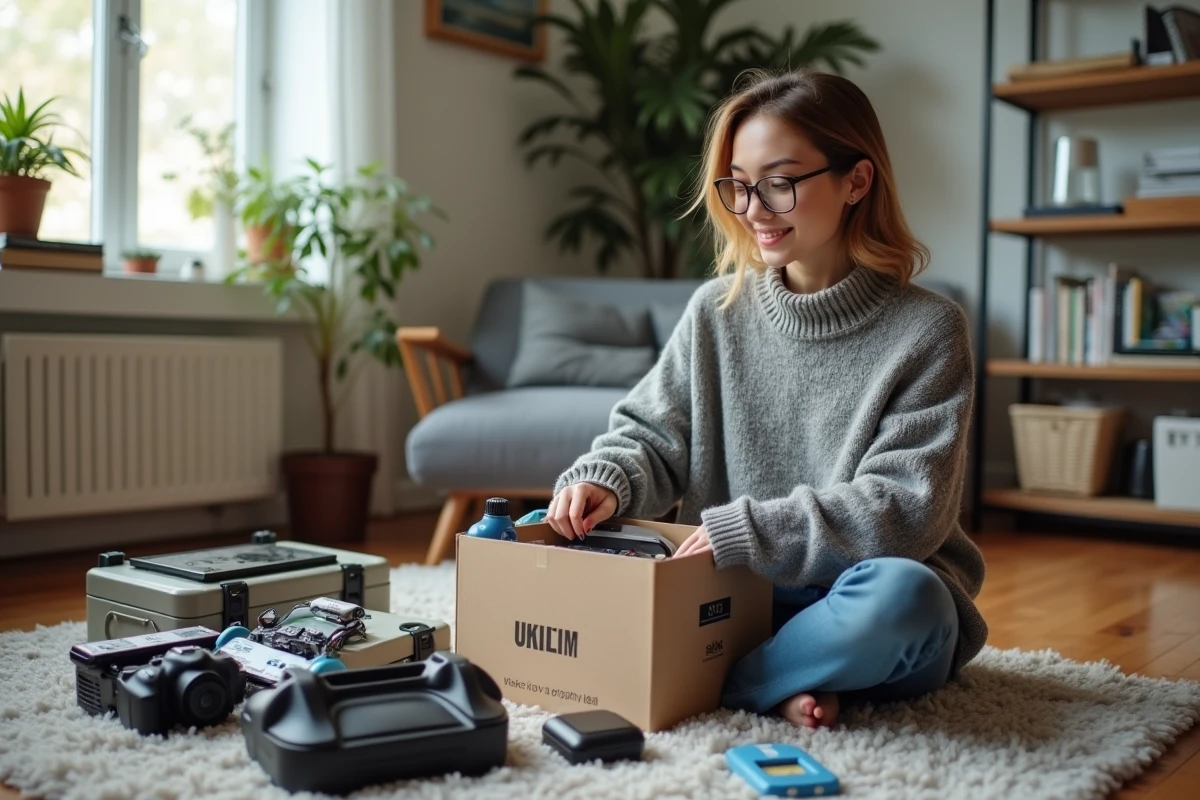 Jeune femme triant des gadgets électroniques dans un salon