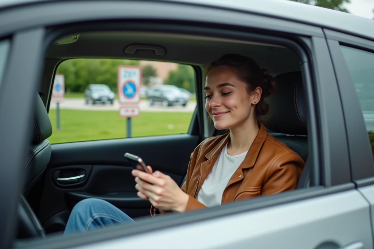 Jeune femme souriante dans une voiture avec smartphone