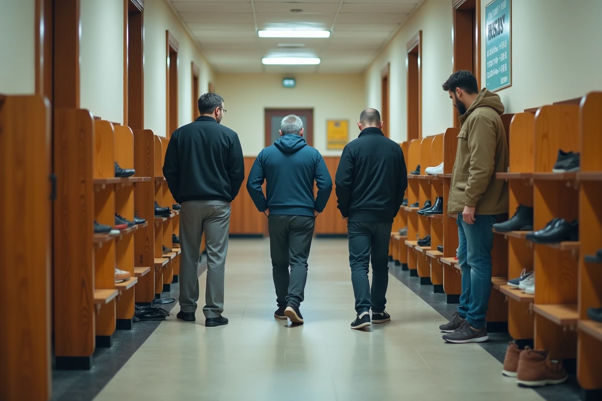 Fidèles retirant leurs chaussures à l'entrée d'une mosquée de banlieue parisienne avant la prière