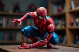 Figurine Spider-Man de collection en résine peinte posée sur une étagère de collectionneur avec bokeh en arrière-plan