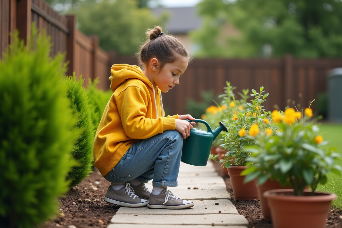 Fille de 12 ans arrosant des plantes dans le jardin
