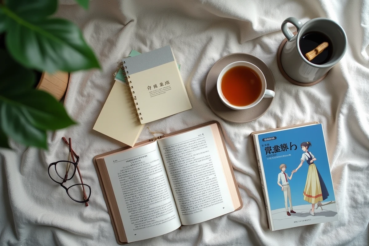 Vue aérienne de volumes de manga en VF disposés sur du lin gris avec un carnet de notes et une tasse de thé