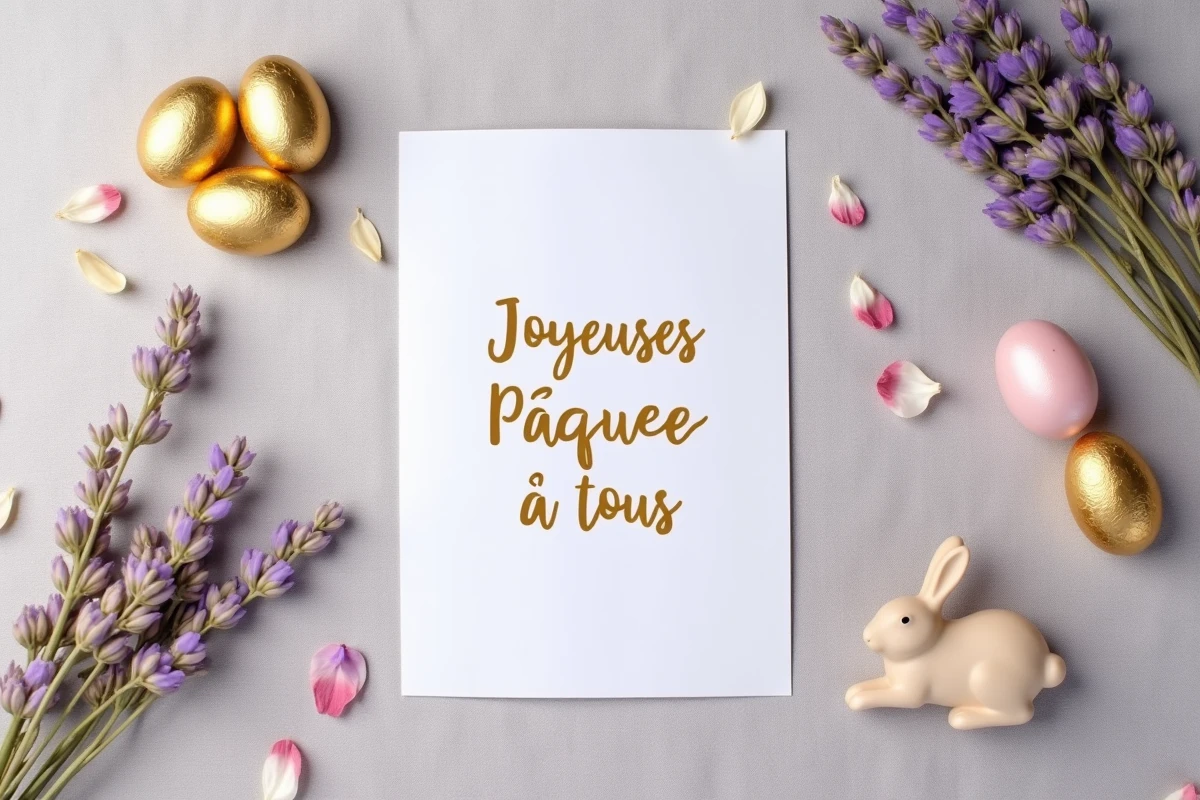 Flat lay de Pâques élégant avec une carte de vœux en français, des œufs en chocolat dorés, un lapin en céramique et de la lavande séchée sur lin gris