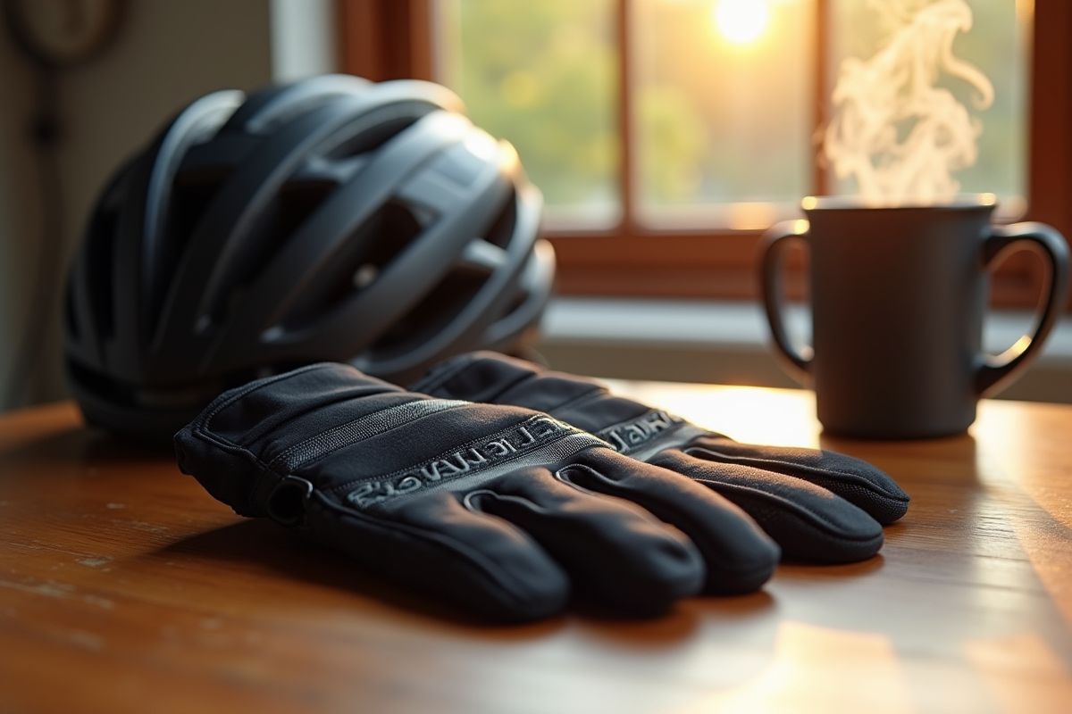 Gants chauffants pour vélo posés sur une table en bois avec casque