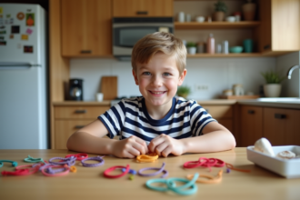 Garçon de 12 ans créant des bracelets d'amitié dans la cuisine