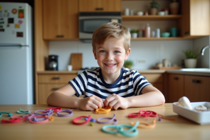 Garçon de 12 ans créant des bracelets d'amitié dans la cuisine