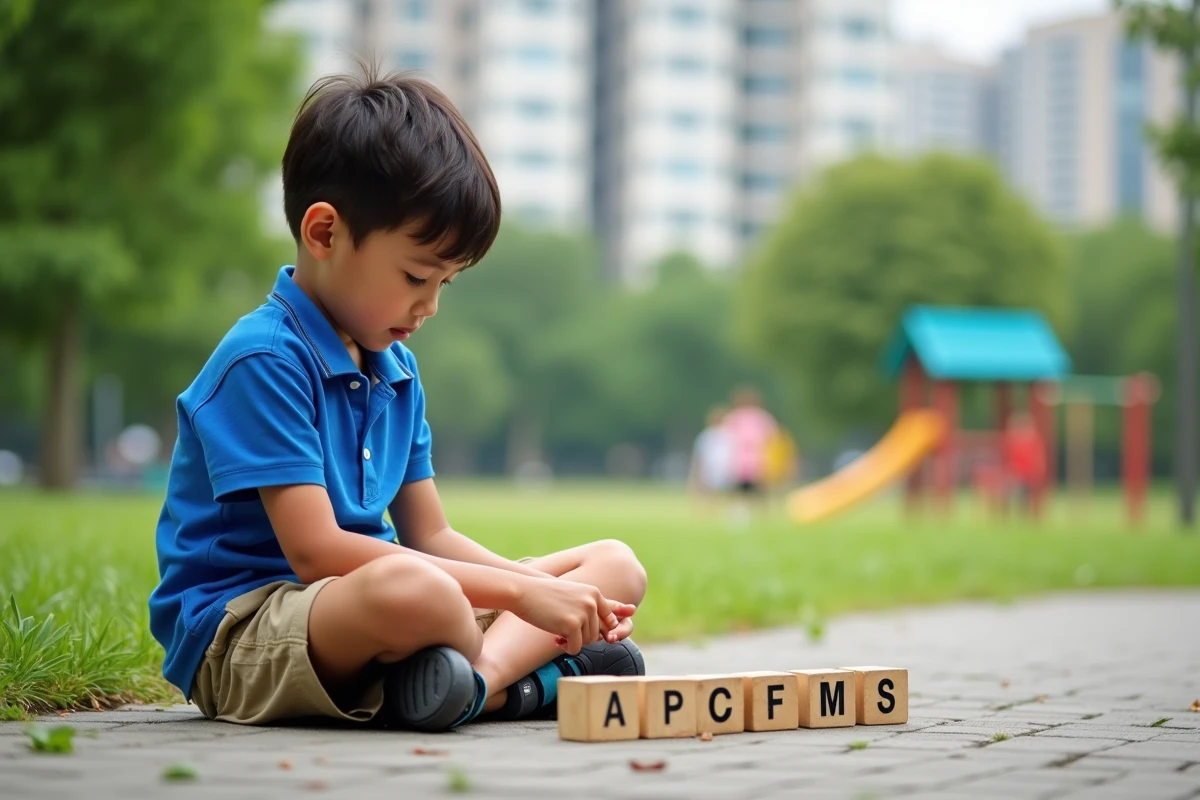 Garçon de 8 ans arrangeant des blocs alphabet en extérieur