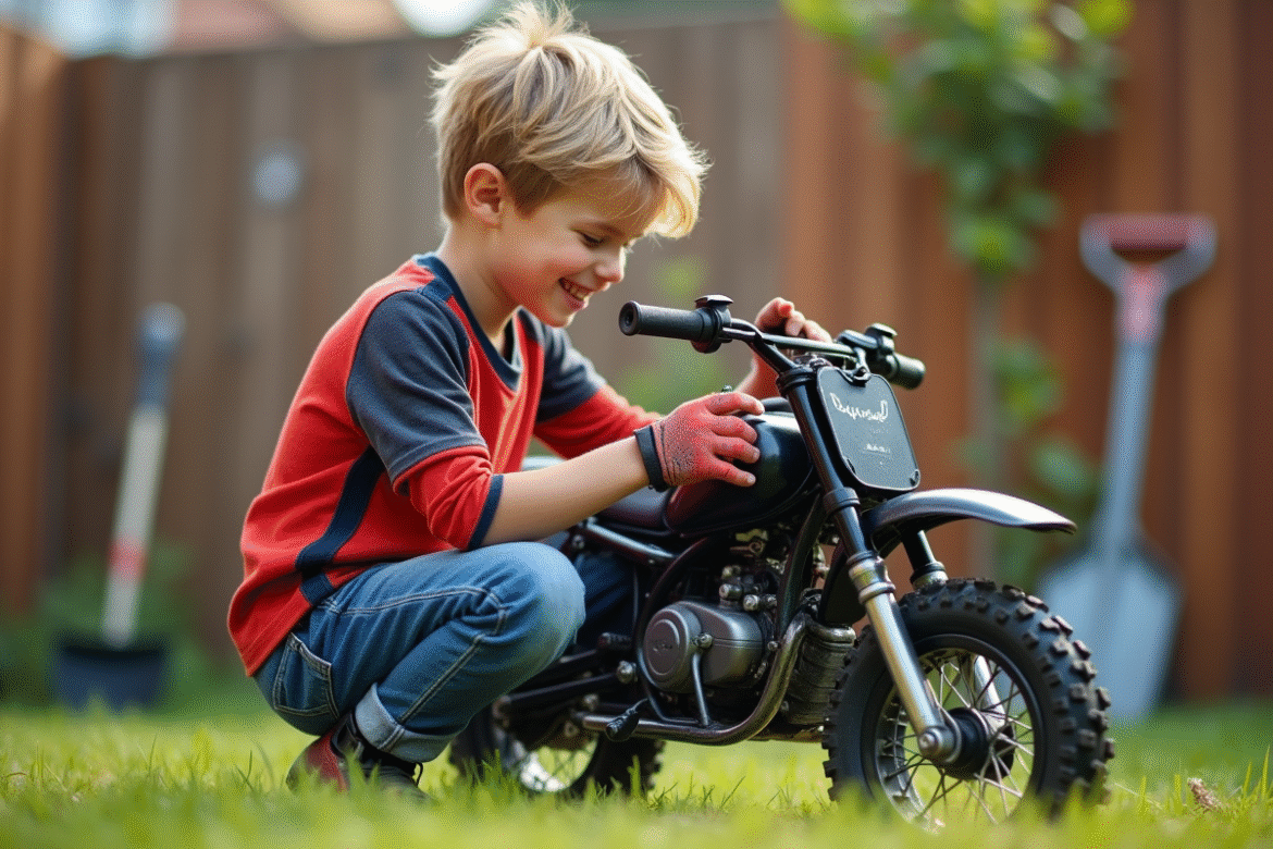 Garçon souriant vérifiant la chaîne d'un petit dirt bike en extérieur