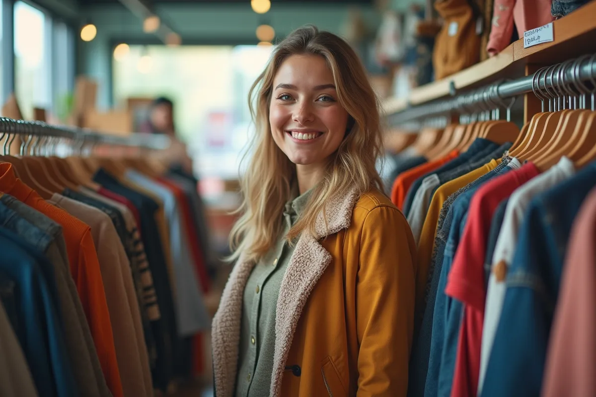 Vêtements d'occasion en magasin avec étiquettes colorées et choix varié