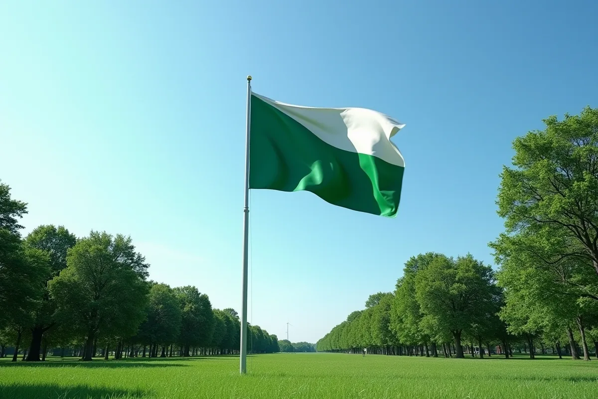 Drapeau vert et blanc flottant dans une ville de montagne
