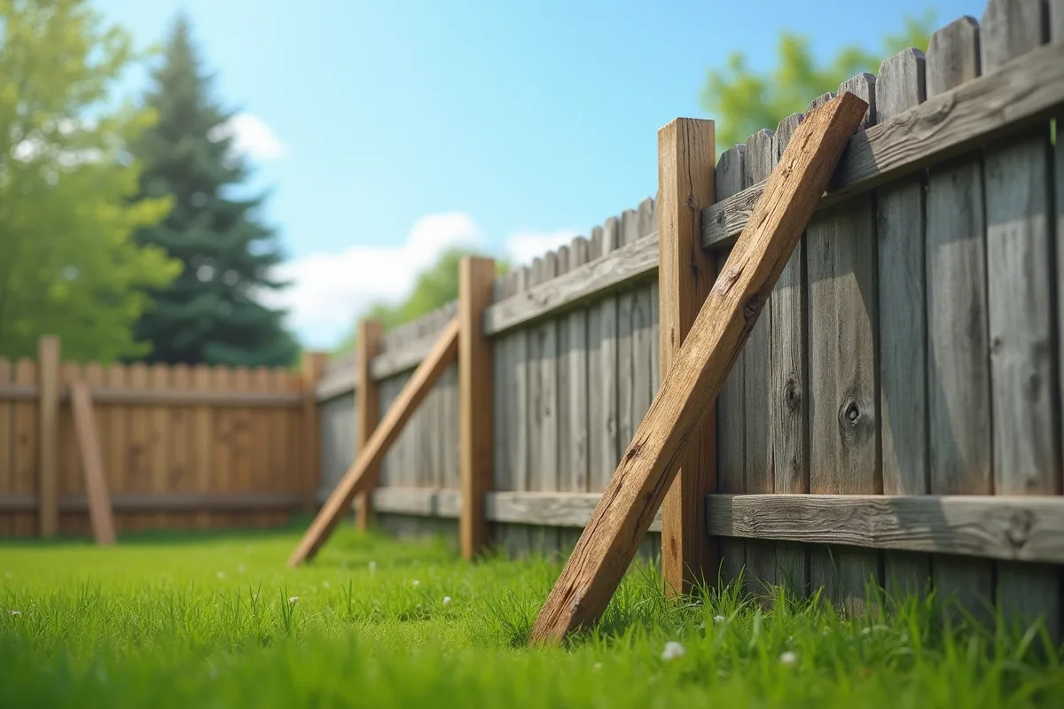 Poteau de clôture en bois mal ancré sur un terrain instable