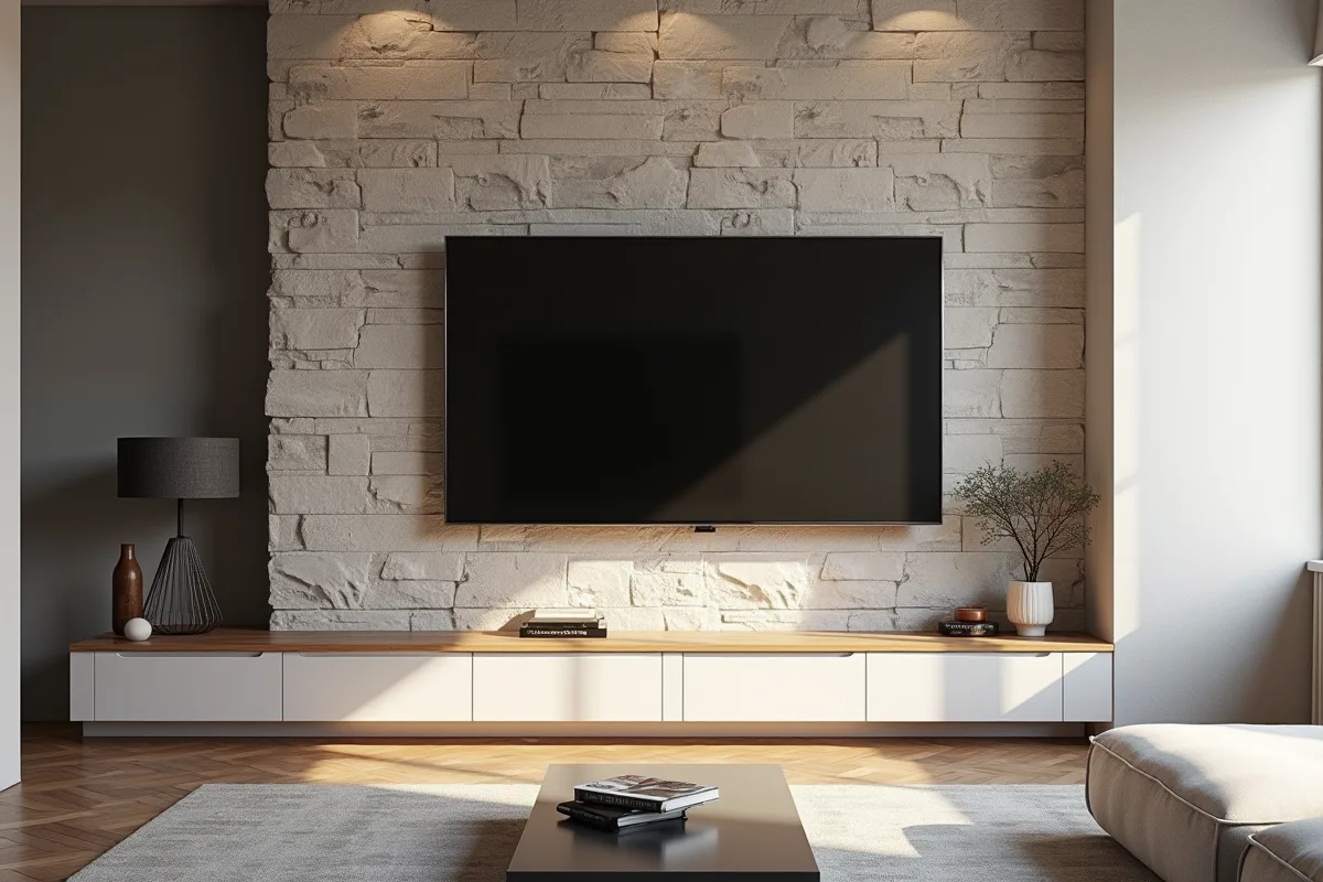 Télévision fixée au mur avec câbles dissimulés dans un salon moderne