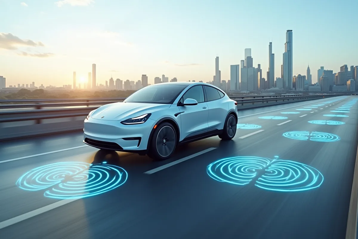 Voiture électrique en train de se recharger en roulant sur une route équipée