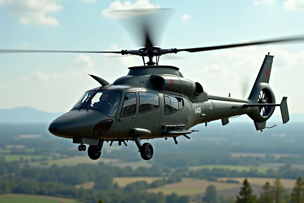 Hélicoptère militaire français en vol lors d'une opération aérienne