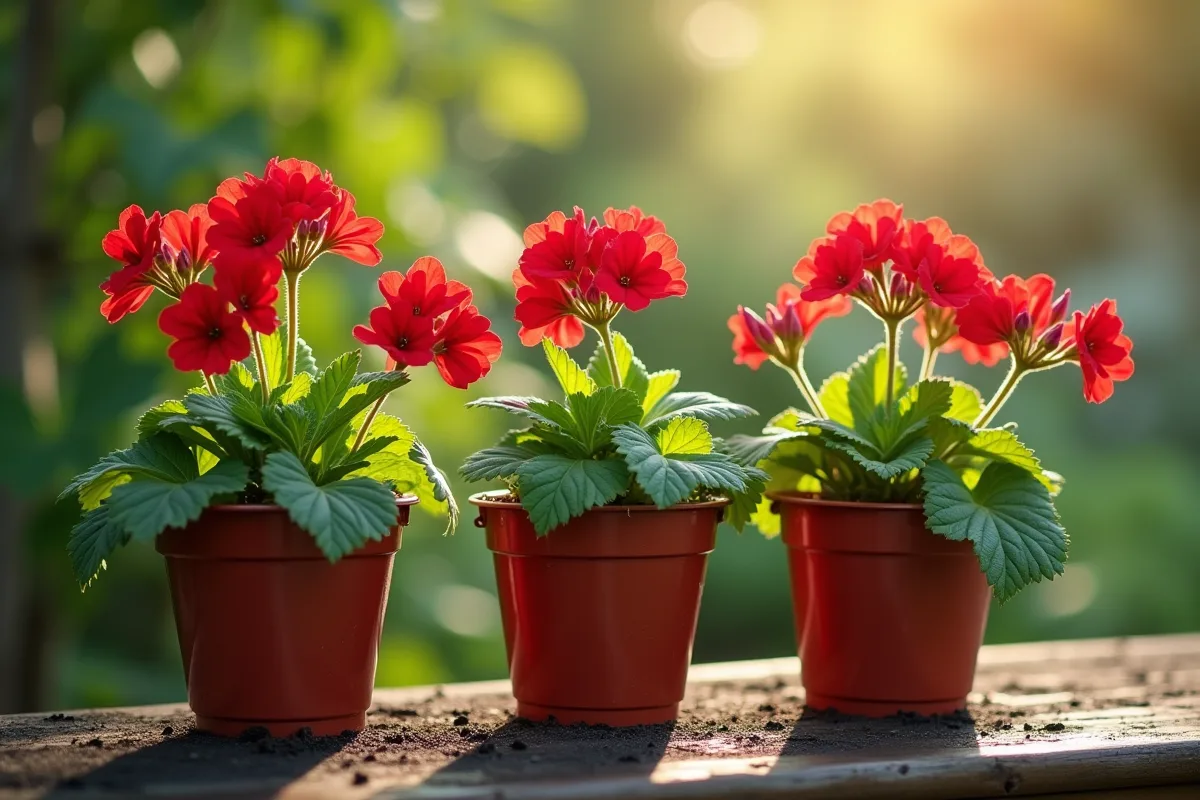 Geraniums plantés en pots sur un banc de jardin au matin
