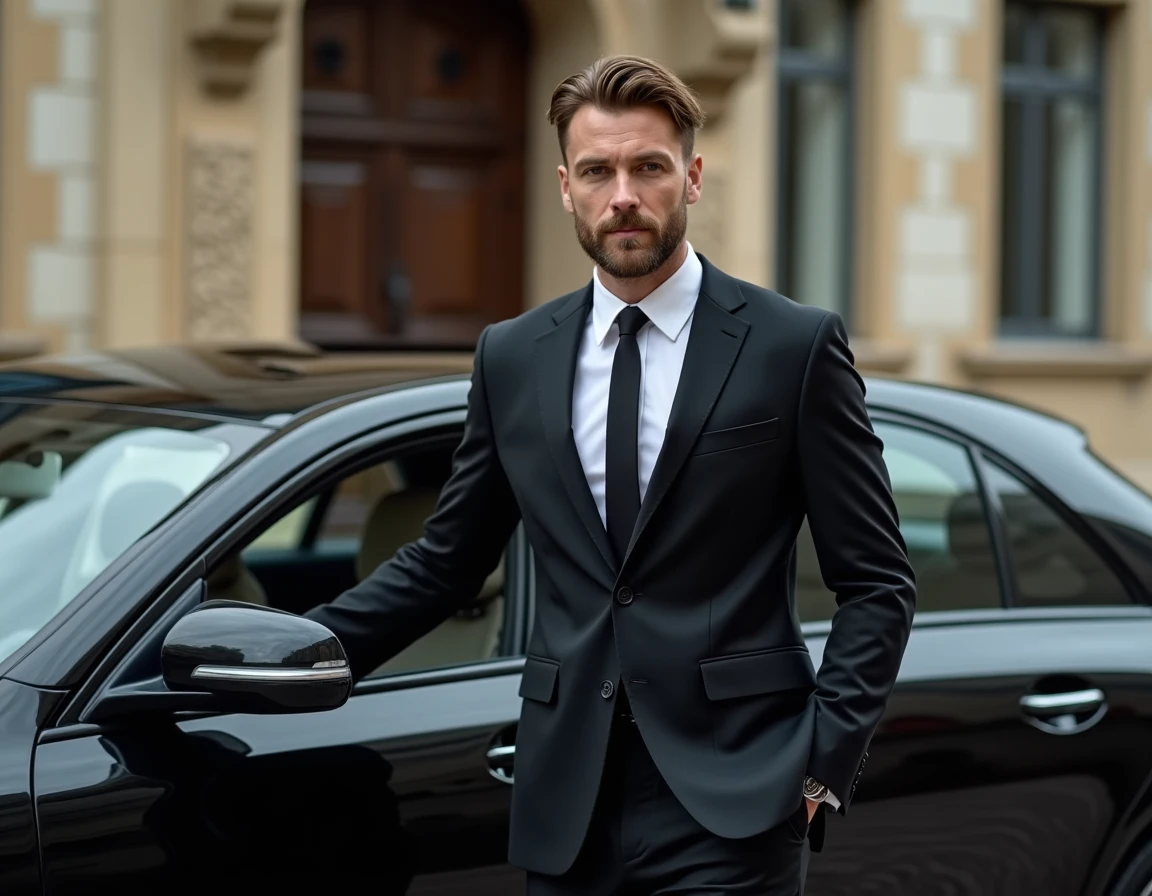 Chauffeur VTC Goloire-Cab en costume noir ouvrant la portière d'une berline noire devant un bâtiment en pierre de Nantes