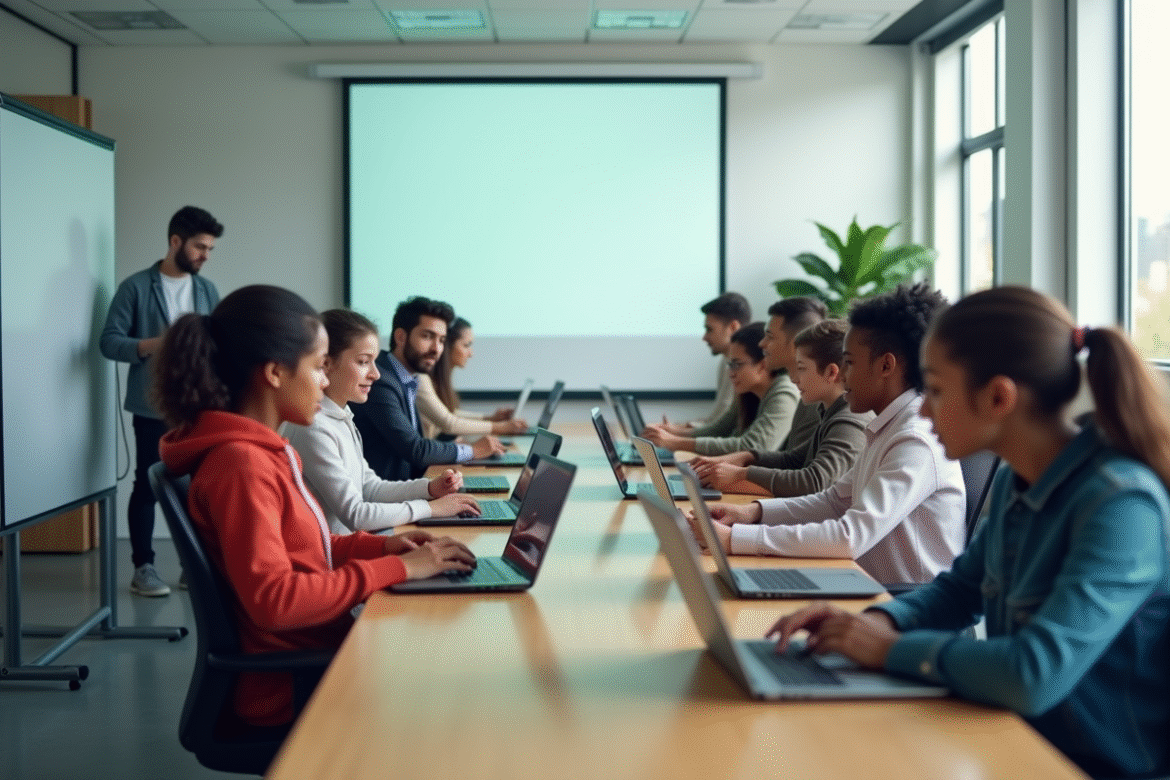 Groupe d'étudiants en classe moderne utilisant la technologie