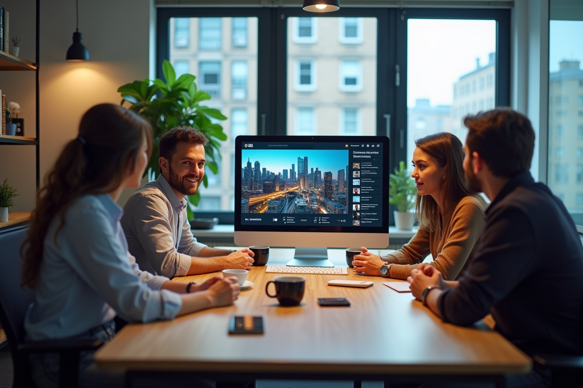 Groupe de collègues regardant un écran d