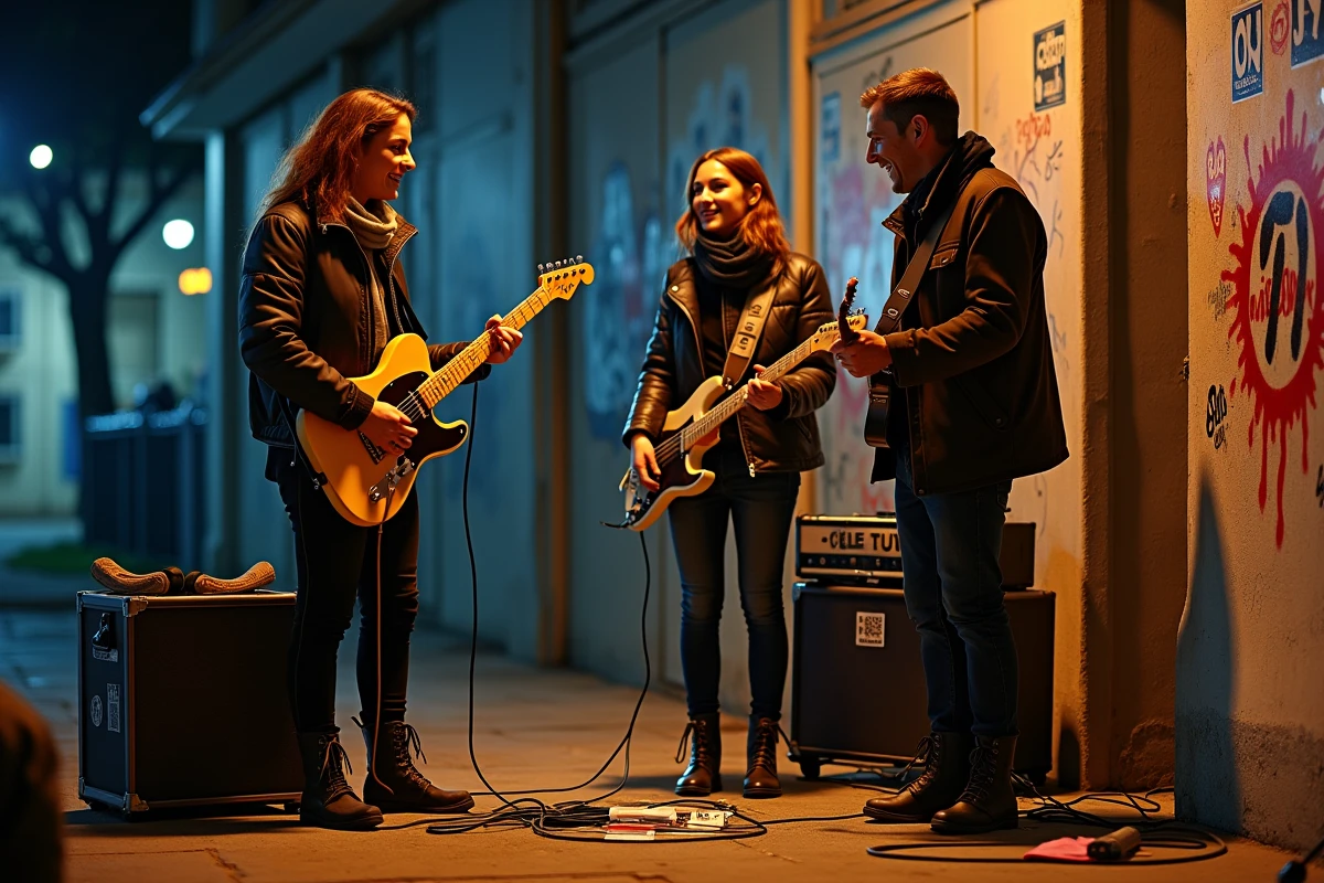 Groupe de rock en fin de concert urbain en soirée