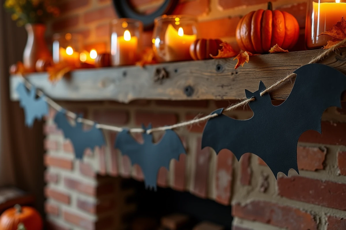 Guirlande de chauves-souris en papier dessinées à la main suspendue au-dessus d'une cheminée décorée pour Halloween