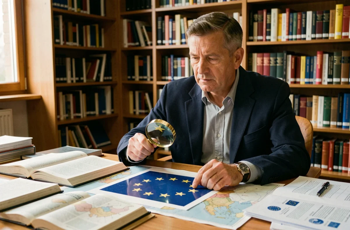Historien politique examinant une illustration du drapeau européen avec ses douze étoiles, dans un bureau universitaire entouré de livres et de cartes d'Europe
